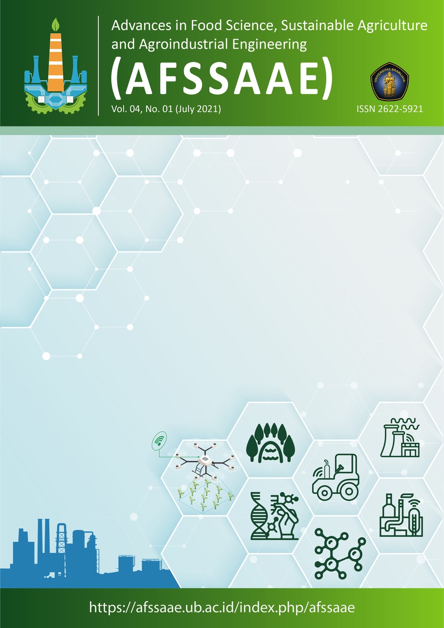 Omslagssidan för en akademisk tidskrift med titeln 'Advances in Food Science, Sustainable Agriculture and Agroindustrial Engineering (AFSSAAE)' med en grön gradientbakgrund och hexagonala designelement. Även om den är relaterad till hållbarhet inom livsmedelssektorn, är den inte explicit fokuserad på leverantörskedjehantering.